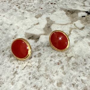 Vintage Gold-Trim Red Oval Stud Earrings EUC